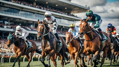 Spring Racing Carnival, horses galloping on the lush green track, background of spectator stands full of cheering people,