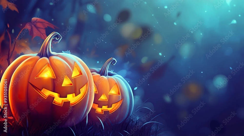 Naklejka premium Halloween event background with charming upscale pumpkins. Premium illustration for banners, posters, greetings and Halloween celebrations. generative ai