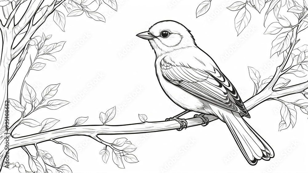 Black and white illustration of bird on leafy branch. Colouring book page outline, line art drawing Black and white illustration of bird on leafy branch. Colouring book page outline, line art drawing