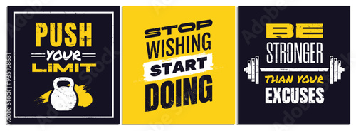 Workout inspirational Poster Set. Flyers with gym motivational quotes, weights and barbells in grunge style. Fitness and sports. Flat vector illustration collection isolated on white background