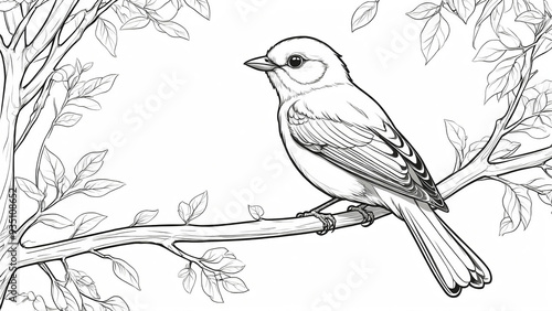 Black and white illustration of bird on leafy branch. Colouring book page outline, line art drawing