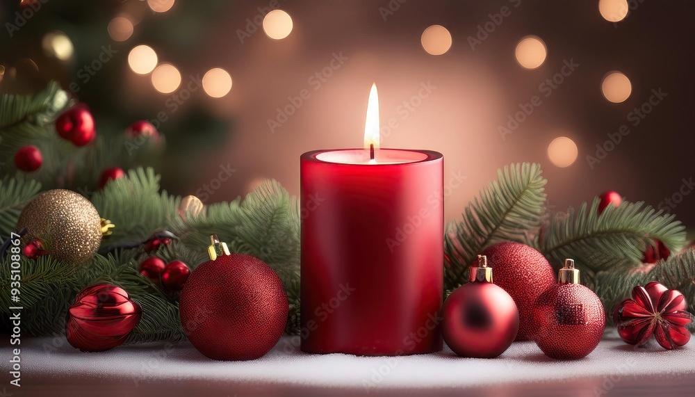 Christmas scene with red candle and ornaments Christmas scene with red candle and ornaments