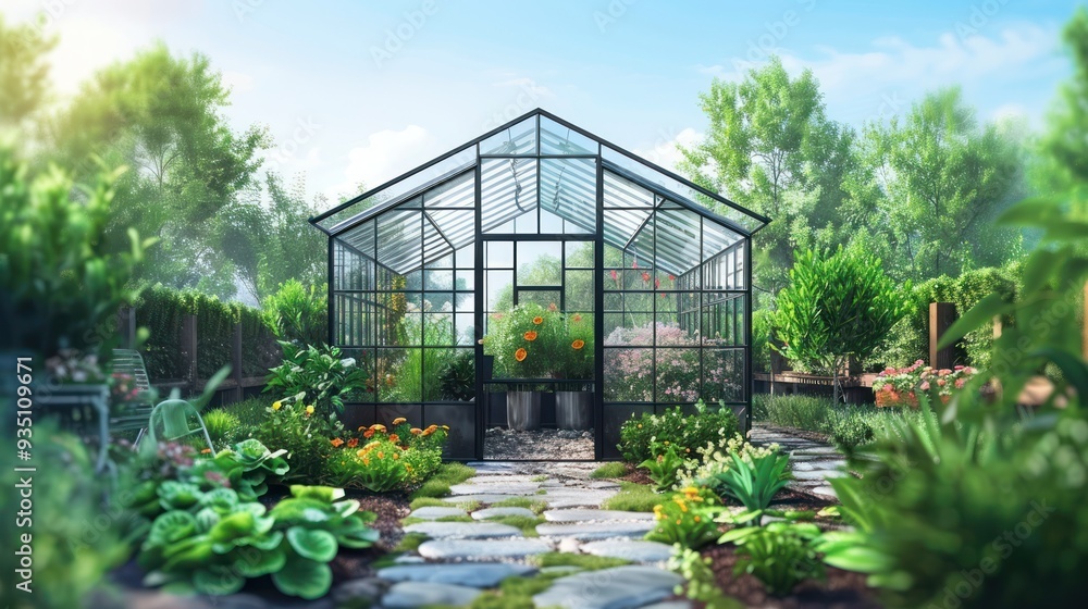 Greenhouse in the garden cube shape. Compact long greenhouse for growing flowers, vegetables, seedlings of various plants. Gardening. Beautiful glass building house in the yard. generative AI Content. Greenhouse in the garden cube shape. Compact long greenhouse for growing flowers, vegetables, seedlings of various plants. Gardening. Beautiful glass building house in the yard. generative AI Content.