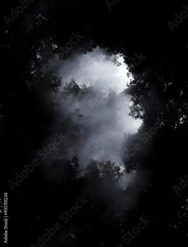 Creepy moonlight and fog in trees at night