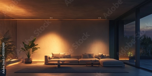 Living room scene at night with lamp light, comfortable sofa and large windows with views outside. Wall mockup concept in contemporary style living room design. 3D rendering
