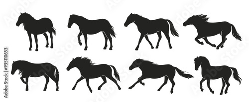Set of silhouettes of horse. Icons with dark figures of galloping, running and moving horses. Silhouettes of animal or mammal. Flat vector illustration collection isolated on white background