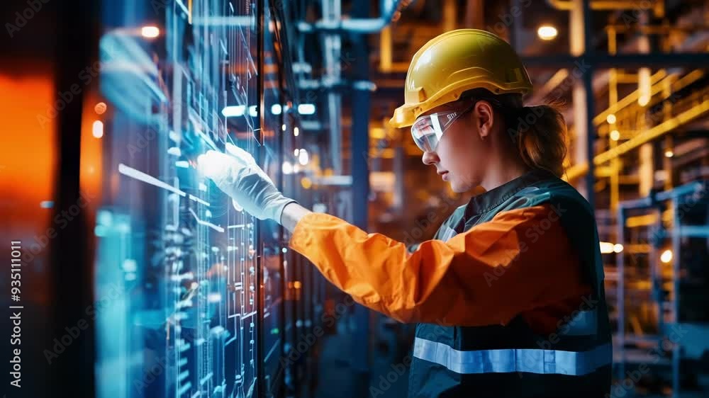 Industrial engineer wearing protective clothing is using a large, futuristic touchscreen interface to manage the process flow in a modern factory Industrial engineer wearing protective clothing is using a large, futuristic touchscreen interface to manage the process flow in a modern factory