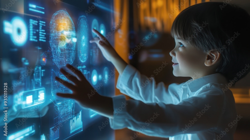 Young Boy Interacting with Futuristic Technology Young Boy Interacting with Futuristic Technology