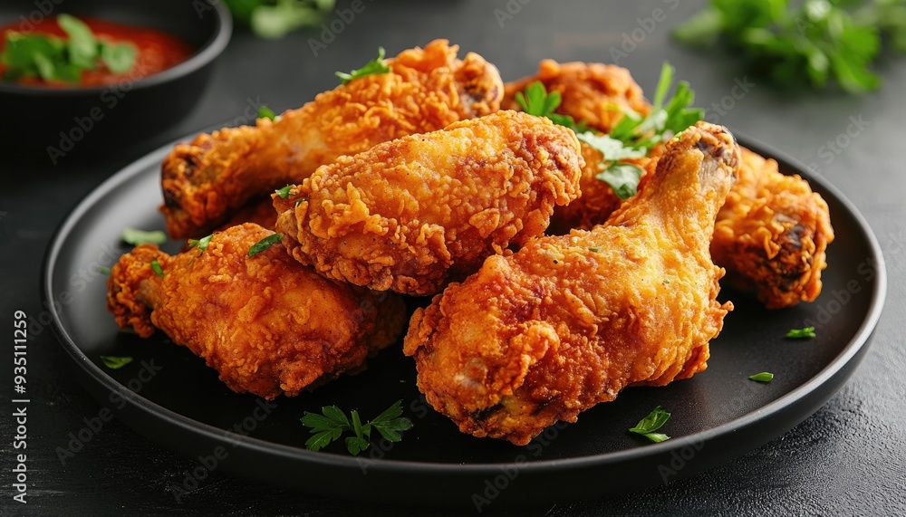 Crispy fried chicken drumsticks on black plate with parsley garnish. Crispy fried chicken drumsticks on black plate with parsley garnish.