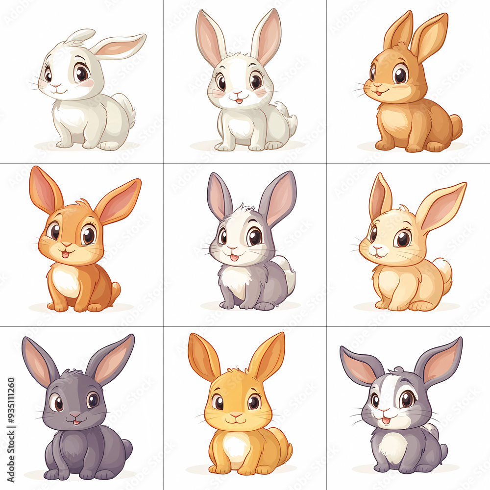 Set of cute rabbit cartoons on white background for memory games on white background, generated ai Set of cute rabbit cartoons on white background for memory games on white background, generated ai
