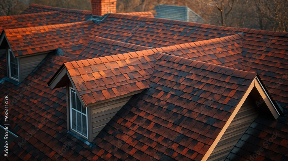 Naklejka premium The warm colors of red and brown roof tiles shine softly in the evening light as they cover a suburban home, set amidst trees in autumn