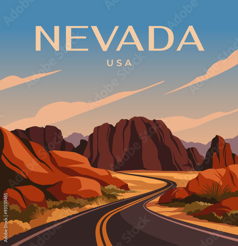 Travel destination poster. Beautiful landscape of Nevada, USA. Scenery with road between mountains and desert steppe. Tourism, Journey and Vacations. Design for guide. Cartoon flat vector illustration