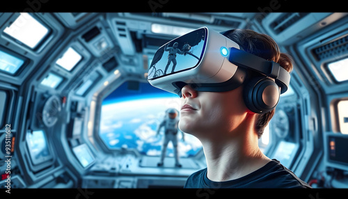 Immersive VR space exploration with planetary landscapes and futuristic virtual reality headset