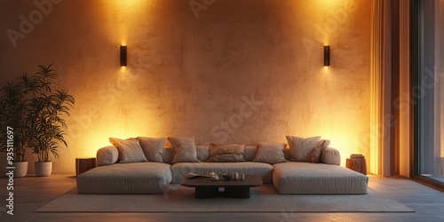 Living room at night with decorative lights and a cozy white sofa. Wall mockup concept in contemporary style living room design. 3D rendering