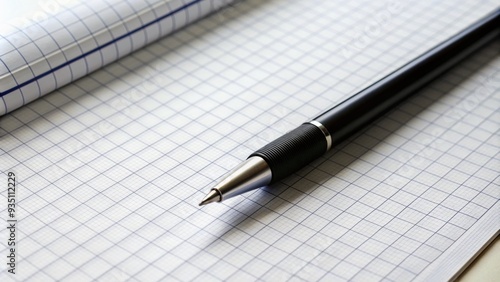 A black pen lies diagonally across a grid of ruled lines on a white notebook page, awaiting creative ideas and inspiration to bring thoughts to life.