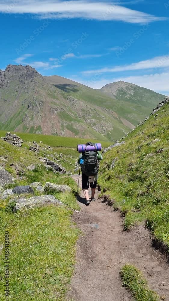 Hiker walking on trail in mountains carrying backpack and trekking poles. Vertical video. Hiker walking on trail in mountains carrying backpack and trekking poles. Vertical video.