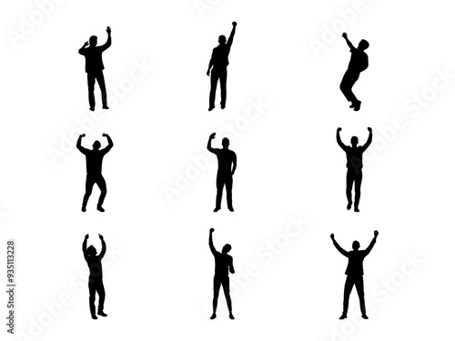 Set of Man Raising Hands Silhouette in various poses isolated on white background