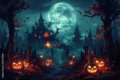 Spooky Halloween Haunted House With Full Moon And Glowing Jack-O'-Lanterns