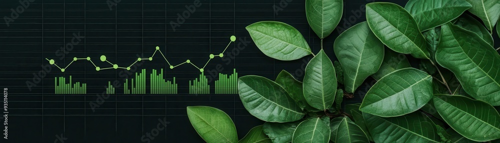 Green business concept, with digital charts and lush leaves growing around data visualizations, representing ecofriendly performance, greenery report, sustainability data Green business concept, with digital charts and lush leaves growing around data visualizations, representing ecofriendly performance, greenery report, sustainability data