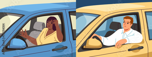 Set of people in traffic jam. Sad man and woman sitting behind car wheel and waiting for movement in rush hour. Unhappy driver. Road situation and traffic accident. Flat vector illustration collection