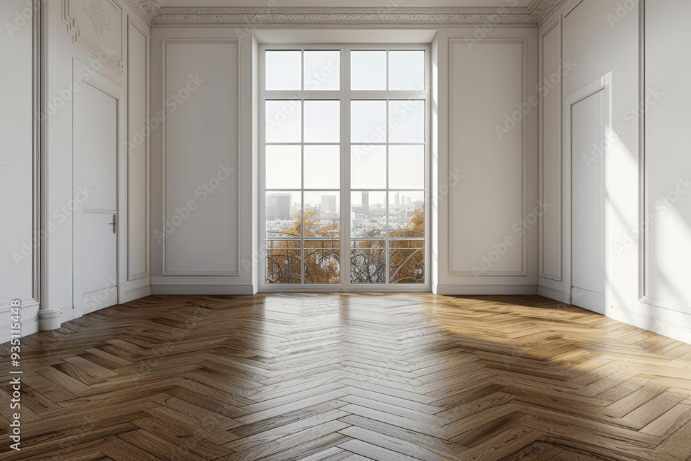 Obraz premium Spacious Elegant Room With Large Window City View Parquet Flooring Herringbone Pattern White Walls Intricate Moldings