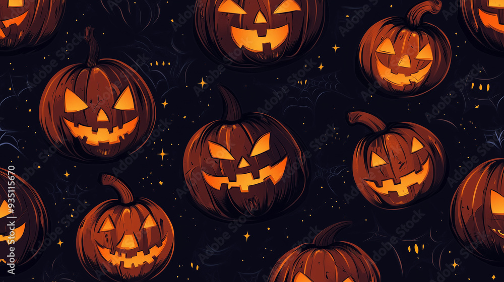 A vibrant pattern of carved jack-o'-lanterns with glowing faces fills the design, surrounded by stars and spider webs, creating a festive Halloween ambiance A vibrant pattern of carved jack-o'-lanterns with glowing faces fills the design, surrounded by stars and spider webs, creating a festive Halloween ambiance