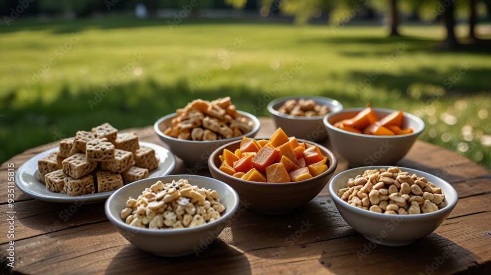 a table with bowls of food including nuts, nuts, and nuts. a table with bowls of food including nuts, nuts, and nuts.