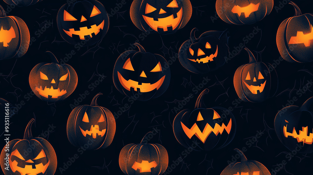 This vibrant illustration showcases a variety of carved Halloween pumpkins with sinister faces, glowing against a dark background, perfect for festive celebrations This vibrant illustration showcases a variety of carved Halloween pumpkins with sinister faces, glowing against a dark background, perfect for festive celebrations