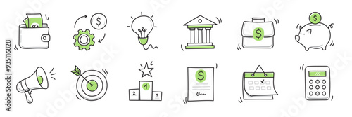 Hand drawn doodle business, money icon set. Finance, money, marketing sketch drawn cute trendy line doodle icon. Business bank, finance calculator, economic goal elements. Vector illustration