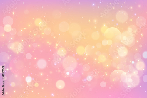 Light pink background with bokeh. Blurred luxury gradient with glitter. Abstract peach pastel vector texture with sparkles. Magic romantic unicorn backdrop with fluid gradation.