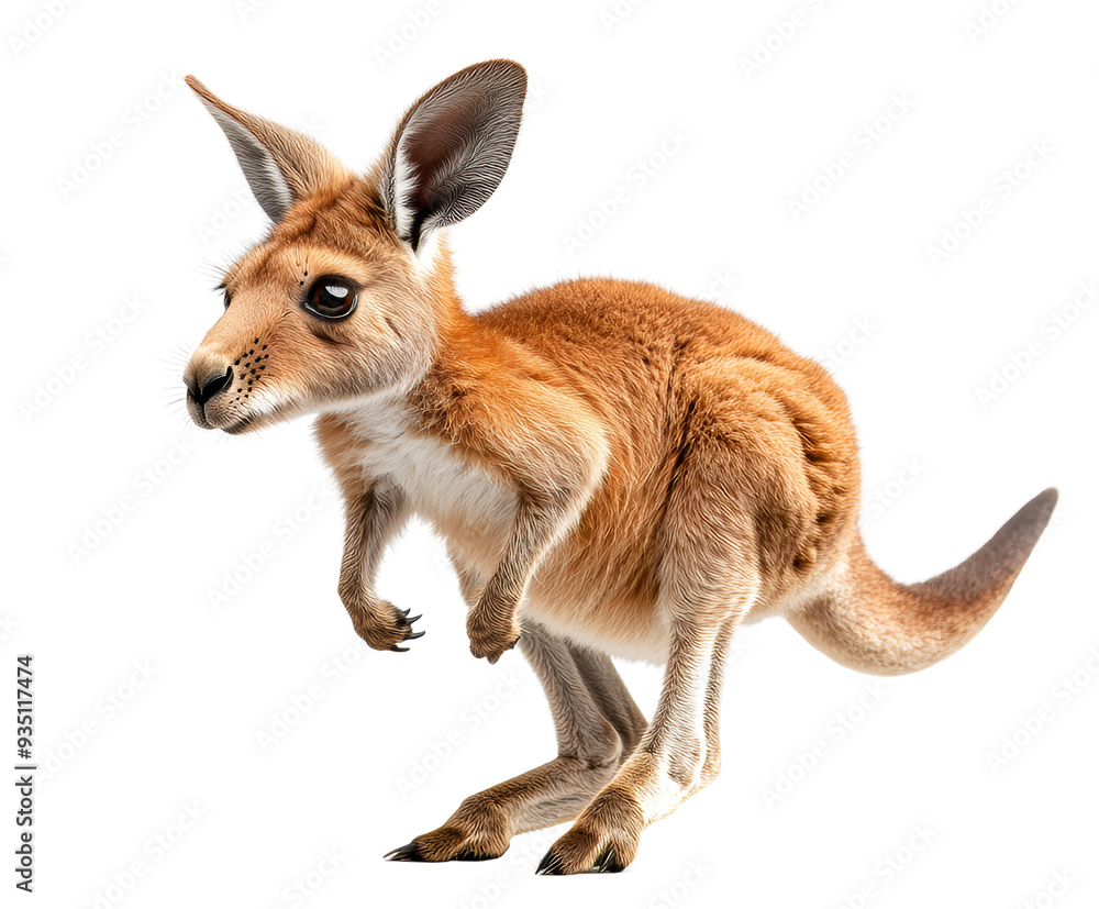 Fototapeta premium Adorable baby kangaroo standing on white background, showcasing its distinctively large ears, tail, and legs.