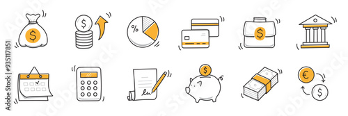 Money finance doodle hand drawn icon set. Finance business, money, bank sketch drawn cute trendy doodle icon. Business bank sketchy calculator, increase economic goal elements. Vector illustration