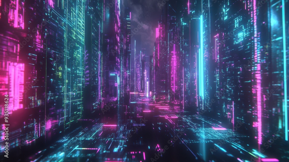 Fototapeta premium A futuristic digital cityscape with vibrant neon lights and a cyberpunk aesthetic.