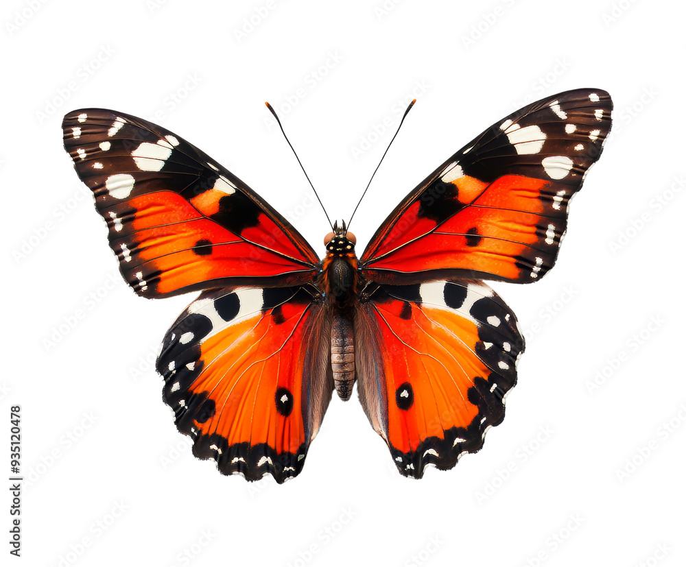 Fototapeta premium Vibrant orange and black butterfly with intricate patterns, isolated on a white background. Perfect for nature and insect-themed projects.