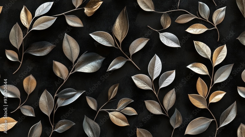 A seamless pattern of black and gray leaves on a cream background A seamless pattern of black and gray leaves on a cream background