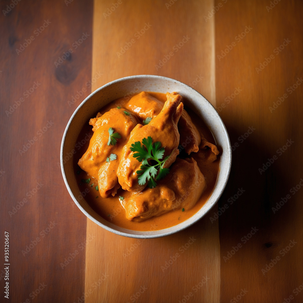 Glorious Butter Chicken, A mouth-watering image of a single serving, rich and creamy with a glossy orange sauce coating tender chicken pieces, Glorious Butter Chicken, A mouth-watering image of a single serving, rich and creamy with a glossy orange sauce coating tender chicken pieces,