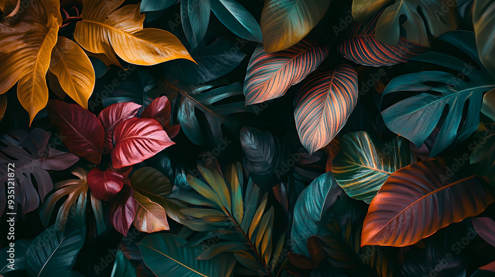A captivating display of tropical foliage in vibrant, multi-colored hues, harmoniously merging with the dark vastness of space, illuminated by the gentle glow of distant celestial bodies. A captivating display of tropical foliage in vibrant, multi-colored hues, harmoniously merging with the dark vastness of space, illuminated by the gentle glow of distant celestial bodies.