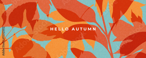 Fall season horizontal background with bright abstract autumn leaves. Autumn modern art minimalist style design template for sales, horizontal poster, header, cover, social media, fashion ads, decor.