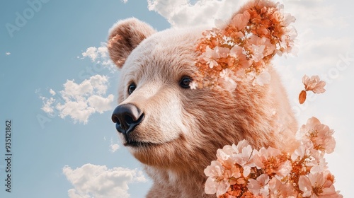 Cuddly teddy bear merged with delicate floral patterns, double exposure style, capturing warmth and innocence photo