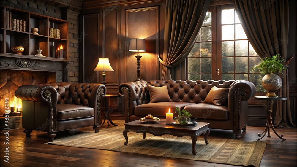 Naklejka premium Dark Chocolate Retreat Warm Cozy Ambiance Rich Velvet Upholstery Deep Wood Tones Luxurious Fabrics Dramatic Shadows Moody Intimacy Cozy Confines