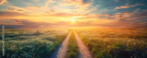 Wooden pathway leading to a beautiful sunrise horizon