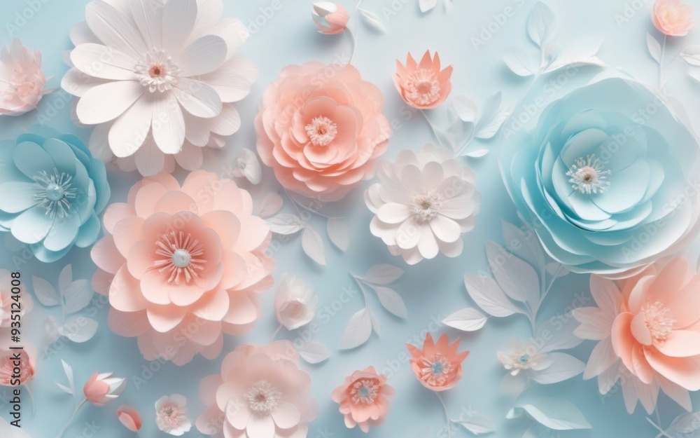 Digital illustration of pastel group paper flowers arranged in a Digital illustration of pastel group paper flowers arranged in a