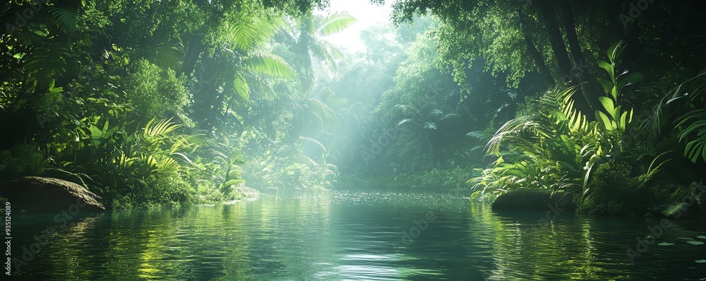 Obraz premium Realistic Amazon Forest background, mythical elements, lush foliage, magical setting
