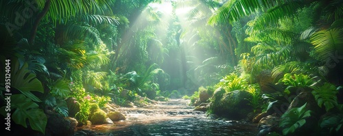 Realistic Amazon Forest background, mythical elements, lush foliage, magical setting