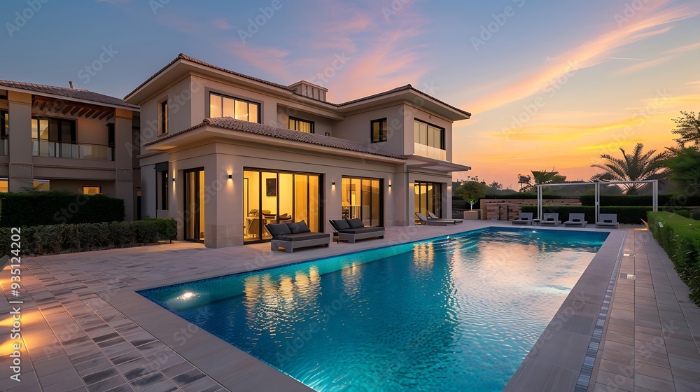 Elegant residence with a state of the art swimming pool at dawn and stylish villa style