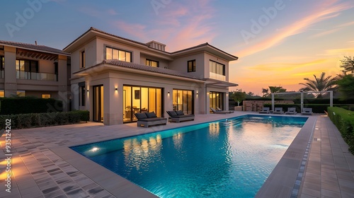 Obraz na płótnie Elegant residence with a state of the art swimming pool at dawn and stylish villa style w salonie