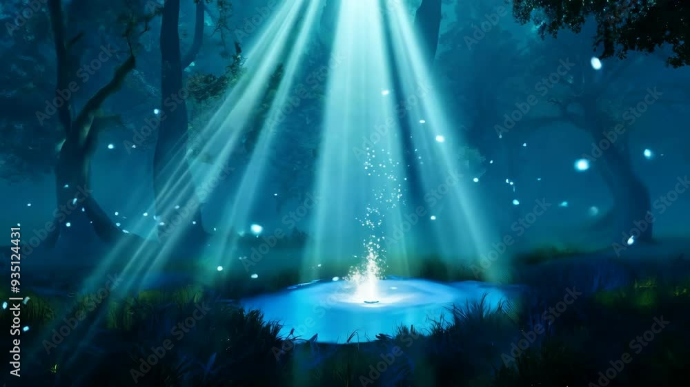 Enchanting forest scene illuminated by moonlight with shimmering water features at night Enchanting forest scene illuminated by moonlight with shimmering water features at night