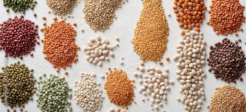 Flat lay of colorful beans and lentils arranged on textured whit photo