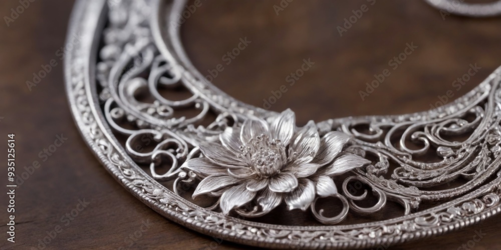 Fototapeta premium Elegant Silver Necklace with Intricate Floral Design on Wooden S
