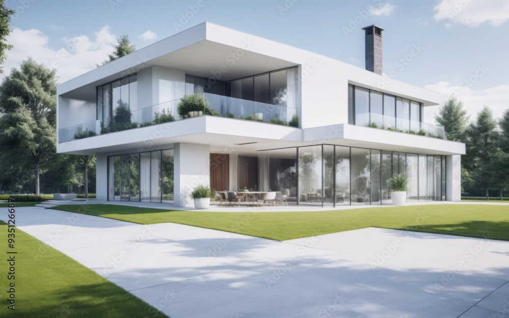 Modern Two-Story House with White Exterior, Large Glass Windows, Modern Two-Story House with White Exterior, Large Glass Windows,